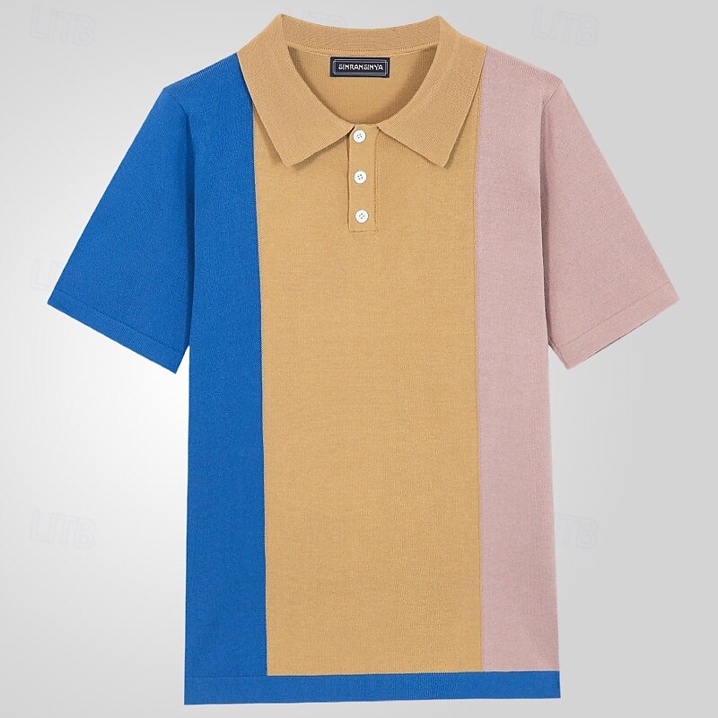 Men's Button Up Polos Golf Shirt Casual Sports Lapel Short Sleeve Fashion Basic Color Block Patchwork Buttons Summer Apricot Button Up Polos2