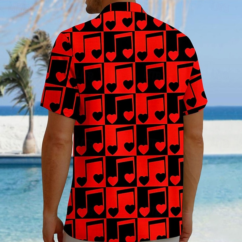 Valentine's Day Men's Heart Musical Notes Shirt Button Up Shirt Short Sleeve Fashion Casual Vacation Gift Holiday Summer Fall Turndown 3D Print Red2