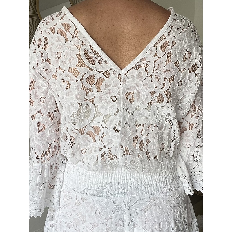 Women's Fashion Streetwear Daily Lace Shirt Baggy Shorts 3/4 Length Sleeve V Neck Plain Lace Casual Daily White Pink Summer Regular Fit3