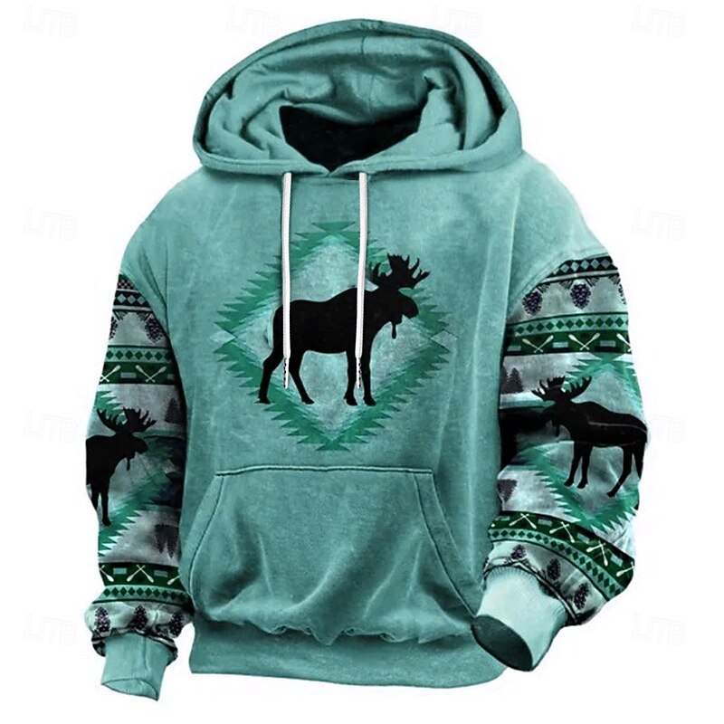 Men's Reindeer Tribal Graphic Prints Hoodie Hoodies Sweatshirt Daily Ethnic Long Sleeve Hooded Holiday Going out Streetwear Blue Sky Blue Print Spring &  Fall Designer4