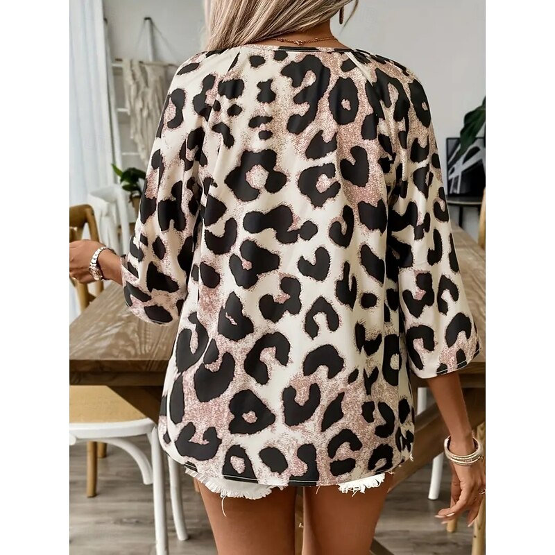 Women's Shirt Blouse Leopard Stylish Casual 3/4 Length Sleeve V Neck Regular Tops Daily Print Leopard Summer Spring2