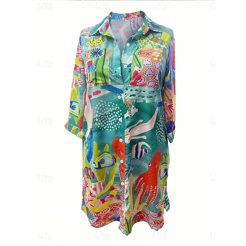 Women's Mini Dress Shirt Dress Hawaiian Shirts  Flowy  Beach Graphic Long  Long Sleeve Shirt Collar Buttons Print Form Fit Green Summer Holiday Clothes Beach Wear2