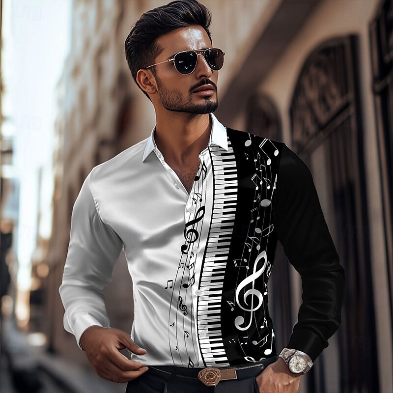Men's Musical Notes Satin Shirt Dress Shirt Button Up Shirt Long Sleeve Fashion Casual Vacation Daily Evening Party Summer Spring Fall Turndown Collared Shirts 3D Print White2