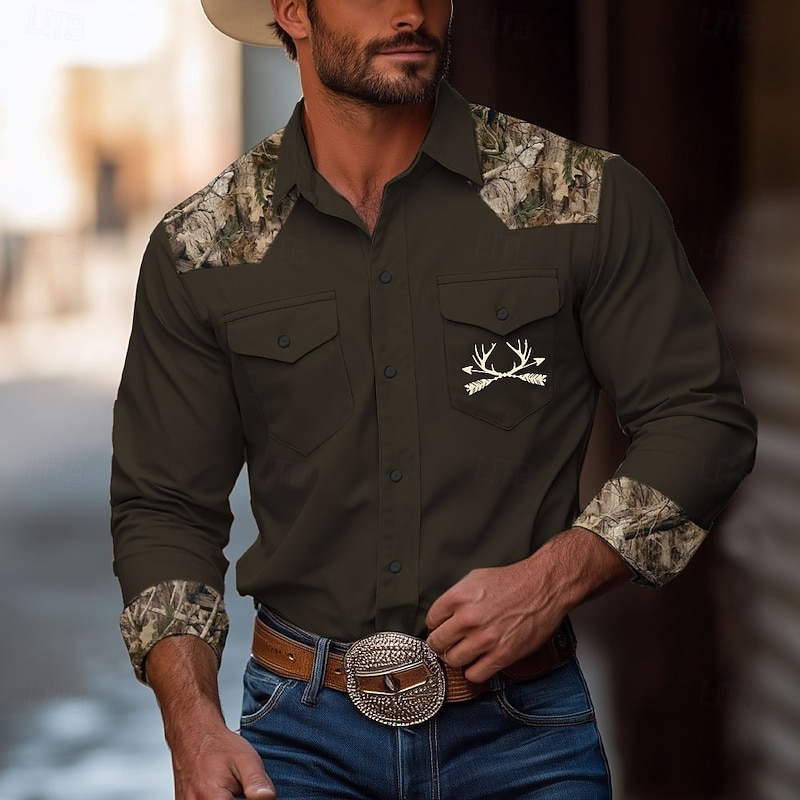Men's Camouflage Western Shirt Long Sleeve Western Sports Outdoor Spring Fall Turndown Button Up 2 Pockets Black Brown Beige2