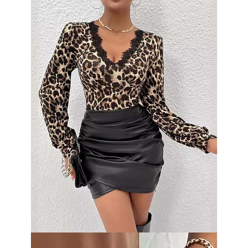 Women's Dressy Tops Sexy Long Sleeve V Neck Regular Tops Brown Summer Spring