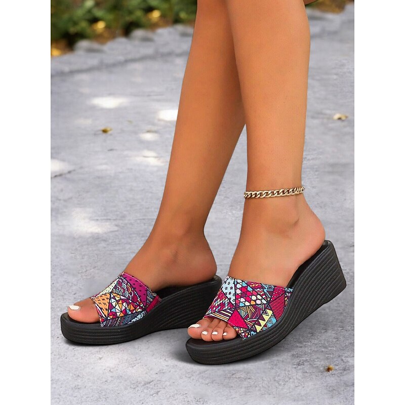 Women's Colorful Slip-On Wedge Sandals with Ethnic Print – Comfortable Platform Design for Summer, Beach and Casual Wear3