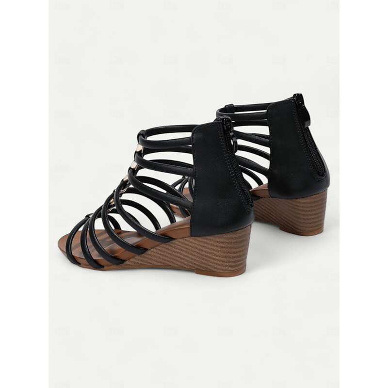 Women's Black Strappy Wedge Sandals - Open-Toe Gladiator Design for Casual Summer Outings4