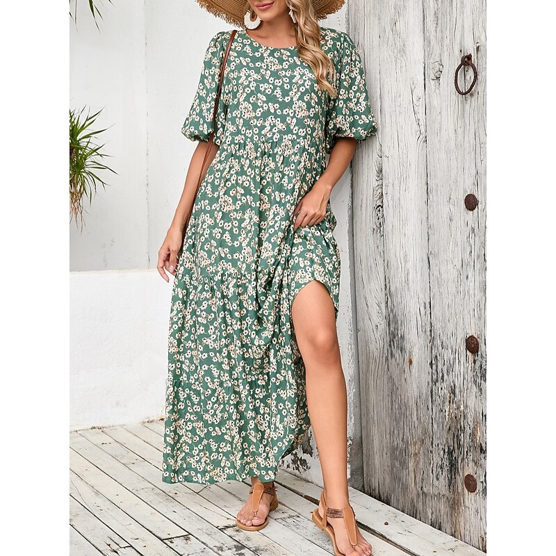 Women's Maxi Dress Casual Dress Swing Dress Boho Chic Dresses Bohemia Cute Stylish Vacation Daily Beach Loose Fit Graphic Ditsy Floral Half Sleeve Crew Neck Green Summer Spring Fall2