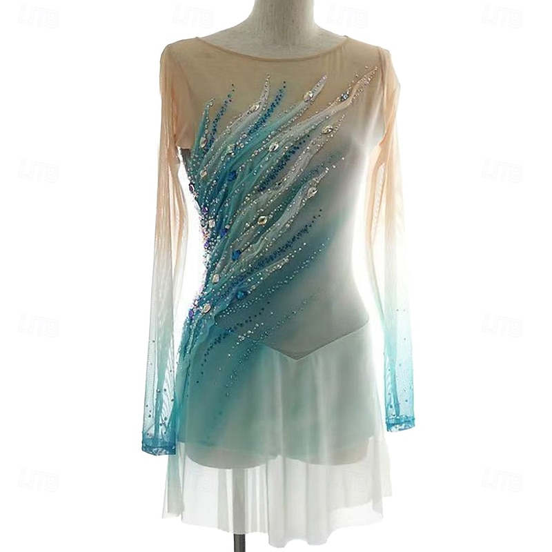 Figure Skating Dress Women's Girls' Ice Skating Dress Green Patchwork Asymmetric Hem Mesh Spandex Stretchy Training Practice Professional Skating Wear Crystal / Rhinestone Long Sleeve Figure Skating