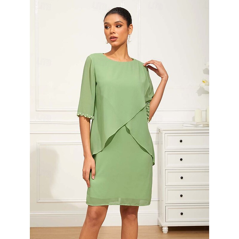 Women's Knee Length Dress Chiffon Dress Elegant Formal Wedding Guest Cocktail Party Loose Fit 3/4 Length Sleeve Crew Neck Green Summer Spring2