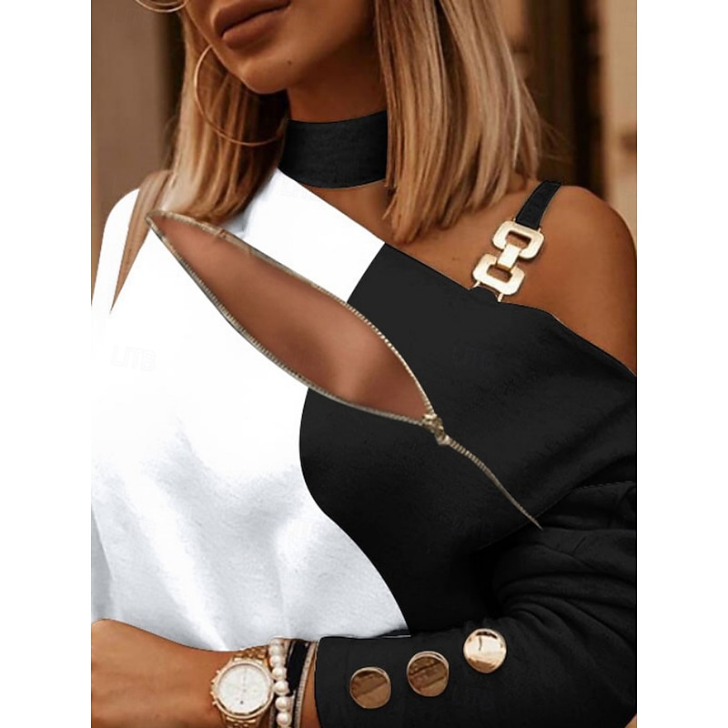 Women's Shirt Blouse Geometric Stylish Casual Long Sleeve Asymmetrical Regular Tops Daily Patchwork Print White Navy Blue Khaki Gray Summer Spring2