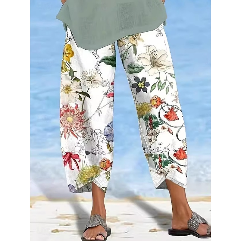 Women's Chinos Vacation Vintage Calf-Length High Waist Floral Pocket Elastic Waistband Comfy Soft Comfortable Micro-elastic Outdoor Vacation White Summer Loose Fit