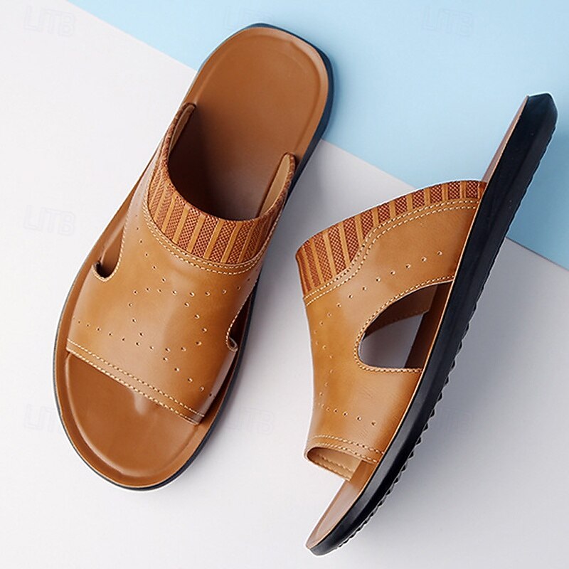 Men's Open-Toe Embossed Faux Leather Sandals – Casual Slip-On Design with Breathable Perforations for Summer Outdoor Wear4