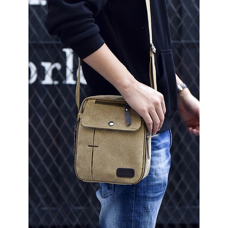 Men's Canvas Crossbody Bag – Multi-Pocket Vintage Design with Adjustable Strap, Ideal for Travel, Work or Casual Daily Use Black Khaki Coffee2