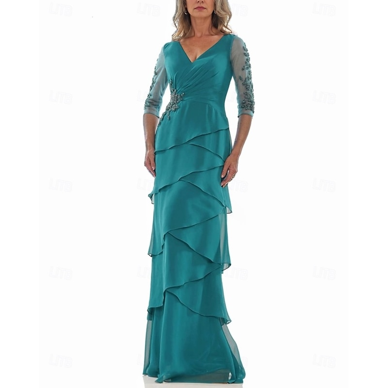A-Line Dress Mother of the Bride Dress Formal Elegant V Neck Floor Length Chiffon 3/4 Length Sleeve with Tier Cascading Ruffles Solid Color4
