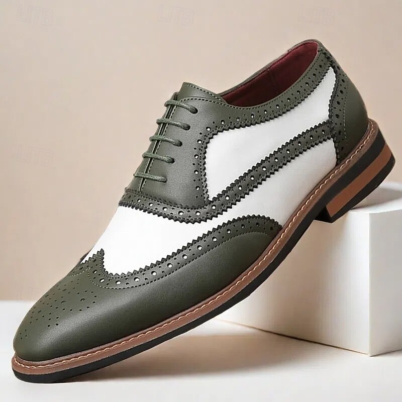Men's Brown and White Faux Leather Oxford Shoes – Wingtip Brogue Detailing, Vintage Formal Dress Shoes for Weddings, Business and Special Occasions4