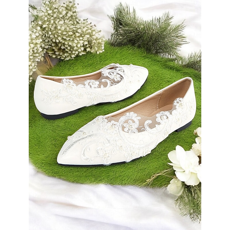 White Lace Wedding Shoes with Floral Appliqué and Mesh Design for Brides for Formal Occasions4