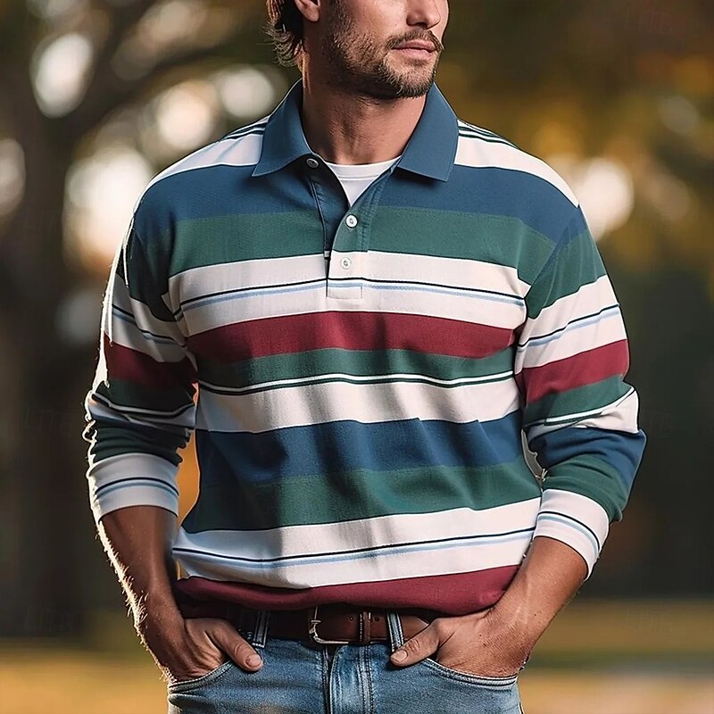 Men's Stripes Rugby Polo Long Sleeve Polo Shirts Collared Shirts Casual Outdoor Athleisure 3D Print Spring Fall Winter Blue Brown