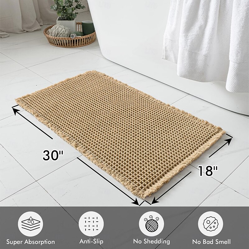 Waffle Bathroom Rugs, Boho Bath Rugs Non Slip Washable, Super Absorbent Bath Mats, Ultra Soft Rubber Backed Shower Mats for Bathroom Floor, Tub and Shower, Brown2