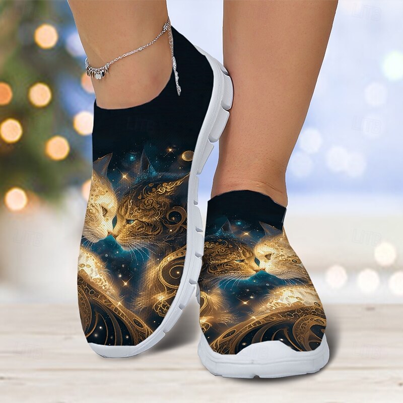 Women's Cat Print Flyknit Sneakers with Lightweight Design - Stylish Casual Shoes for Everyday Wear and Outdoor Activities