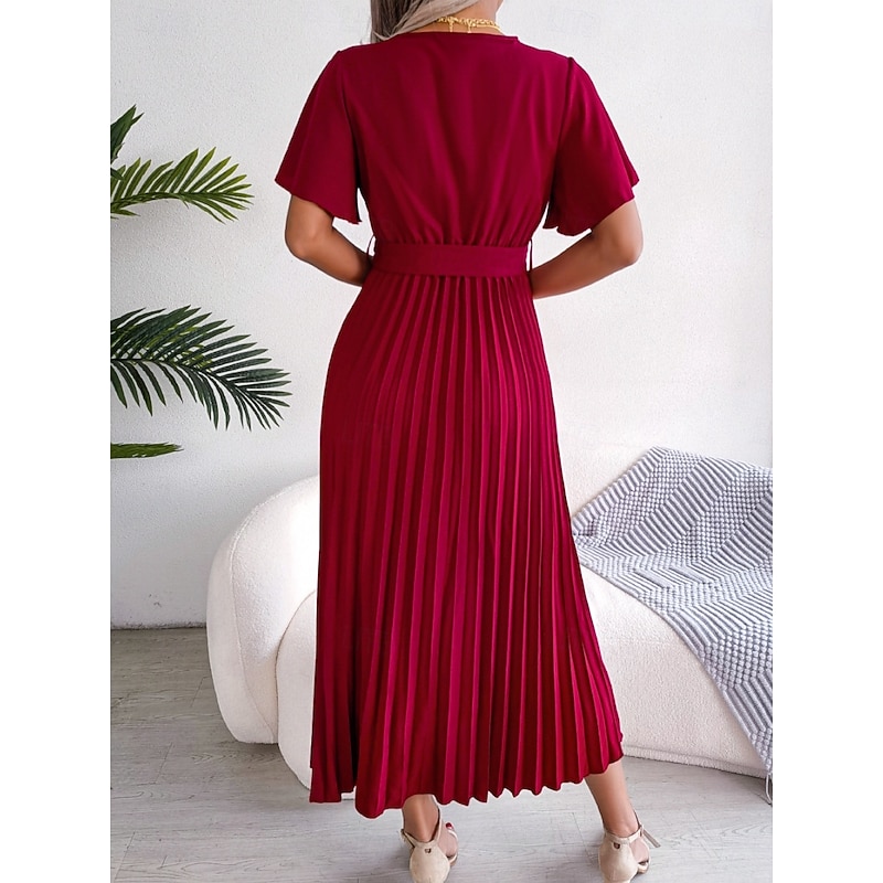Women's Midi Dress Casual Dress A Line Dress Stylish Basic Casual Vacation Daily Regular Fit Plain Short Sleeve V Neck Red Green Summer Spring2