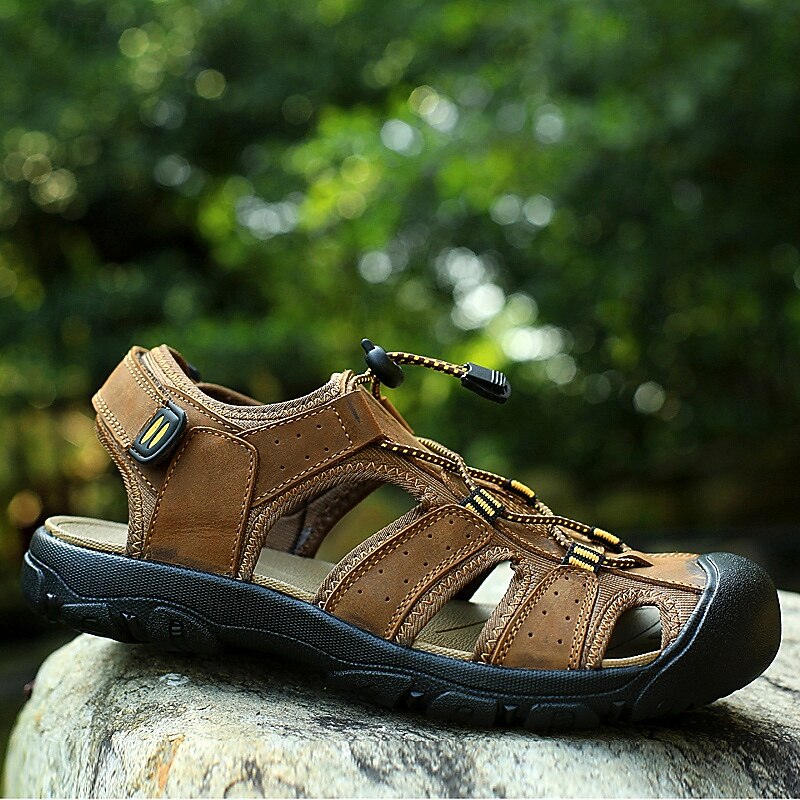 Men's Brown Faux Leather Hiking Sandals - Closed-Toe, Breathable, Adjustable Drawstring, Anti-Slip Sole, Durable Outdoor Footwear for Summer Trekking and Camping3