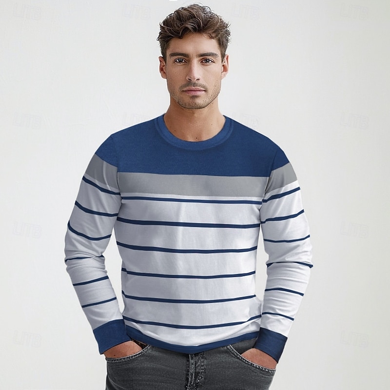 Men's Sweatshirt Blue Green Light Grey Crew Neck Striped Patchwork Color Block Sports & Outdoor Casual Daily Vintage Designer Basic Spring Fall Clothing Apparel Hoodies Sweatshirts  Long Sleeve