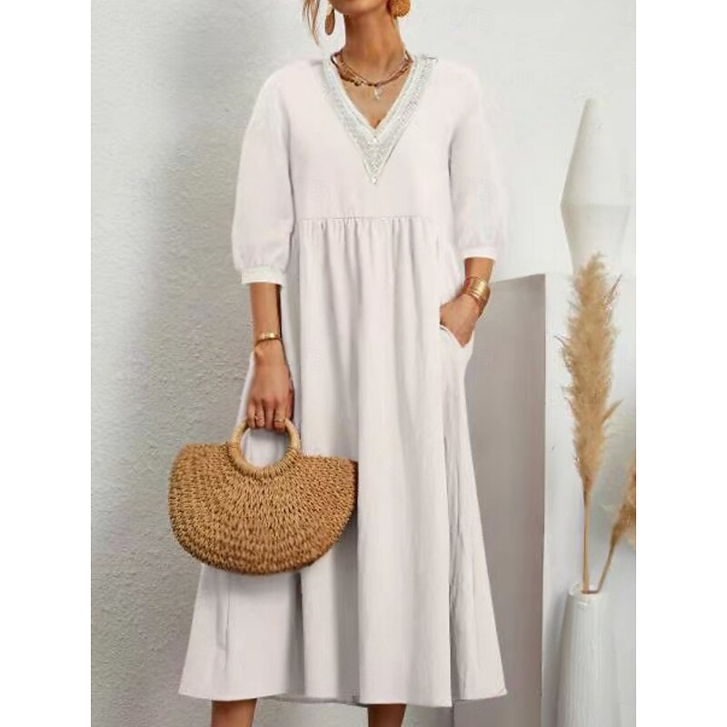 Women's Midi Dress Cotton Linen Dresses Casual Dress Basic Casual Vacation Daily Regular Fit Plain 3/4 Length Sleeve V Neck Black White Army Green Summer