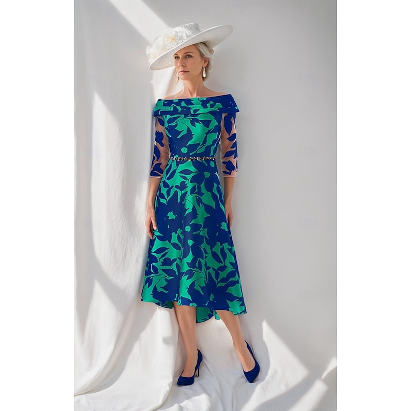 A-Line Dress Mother of the Bride Dress Elegant Simple Boat Neck Tea Length Satin 3/4 Length Sleeve with Floral Print Pleats Race Day Dress Wedding Guest Dress