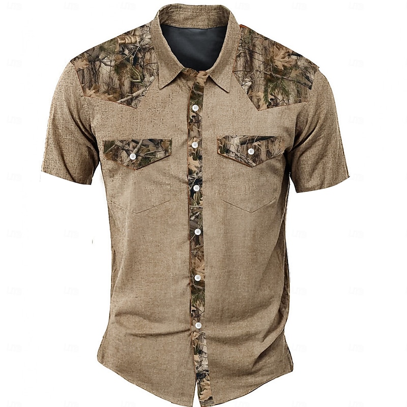 Men's Camouflage Western Shirt Short Sleeve Western Sports Outdoor Summer Turndown Button Up 2 Pockets Black Green Beige2