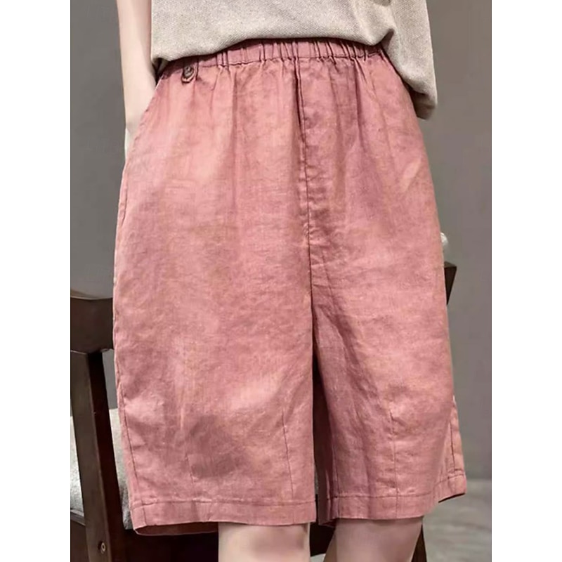 Women's Linen-Inspired Shorts Cotton Linen Pants Culottes Wide Leg Fashion Streetwear Knee Length Medium Waist Plain Pocket Elastic Waistband Comfy Soft Comfortable Micro-elastic Outdoor Street
