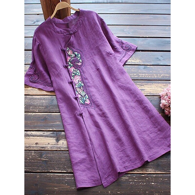 Women's Long Dress Maxi Dress Linen-Inspired Dresses Casual Dress Vintage Stylish Casual Vacation Daily Regular Fit Floral Short Sleeve Stand Collar Blue Purple Summer