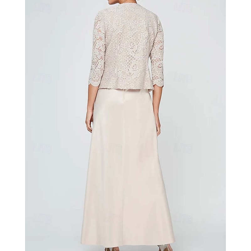 Sheath / Column 3 Piece Mother of the Bride Dress Formal Wedding Guest Elegant Vintage Simple Square Neck Crew Neck Floor Length Satin Lace Sleeveless Long Sleeve Jacket Dresses with Lace2