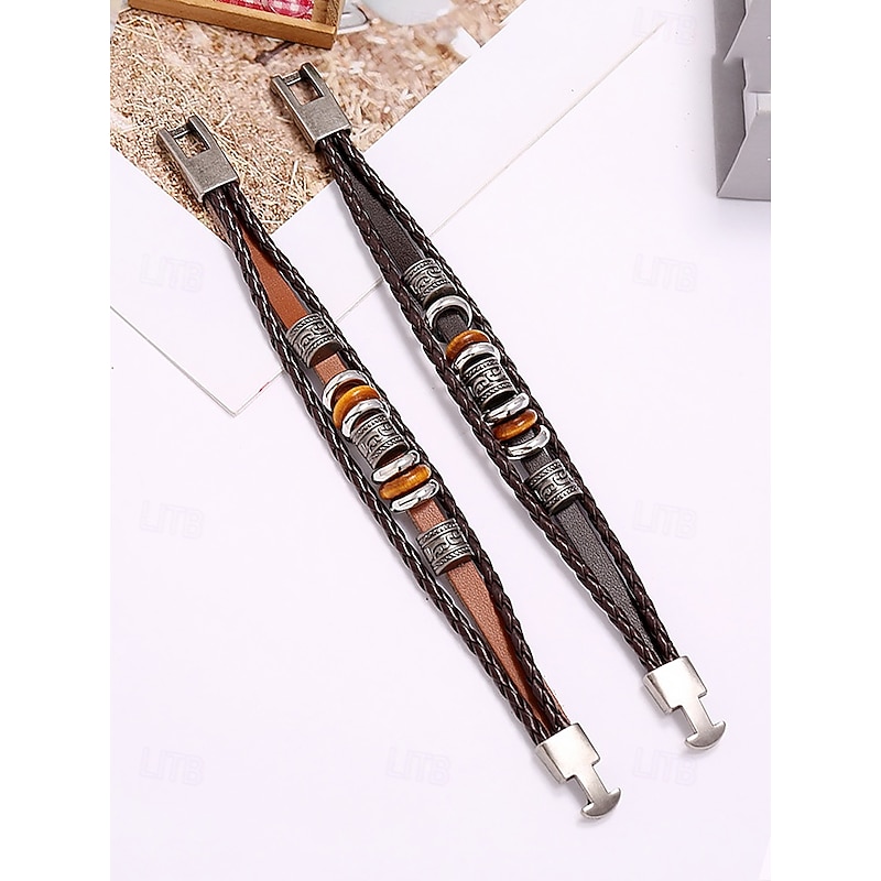 Men's Braided Leather Bracelet with Vintage Metal Beads – Bohemian Multi-Layer Design for Casual Wear, Parties and Gifts4