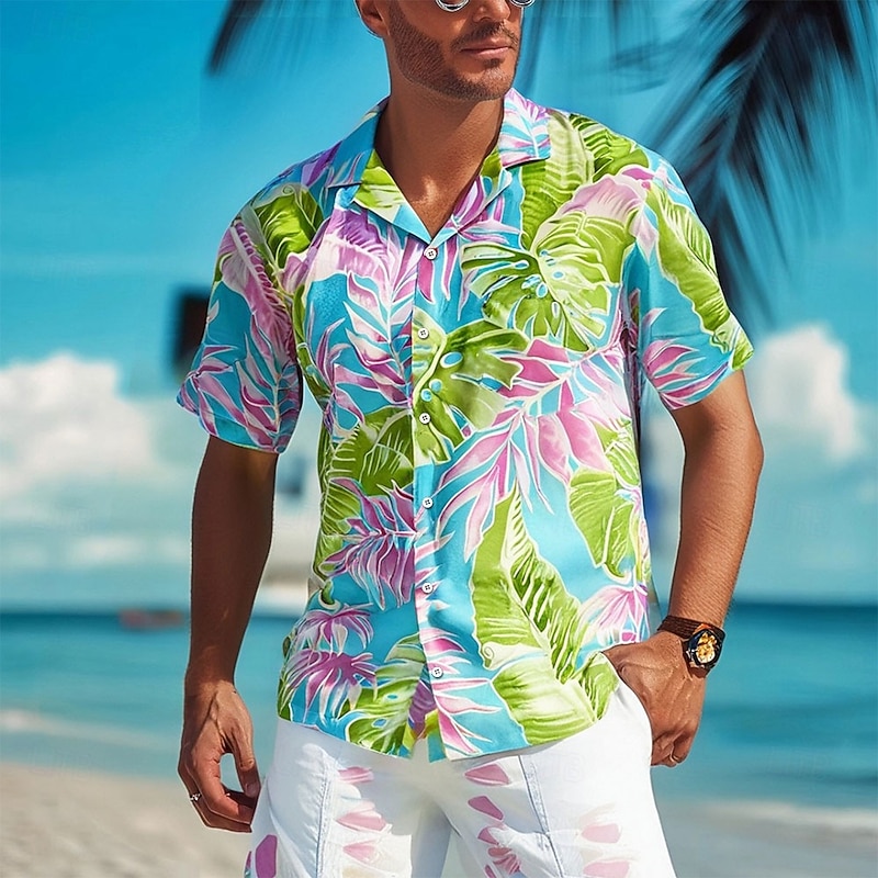 Men's Palm Leaf Tropical Plants Summer Hawaiian Shirt Button Up Shirt Aloha Shirt Short Sleeve Hawaiian Resort Vacation Holiday Beach Wear Summer Spring Turndown 3D Print Collared Shirts Blue