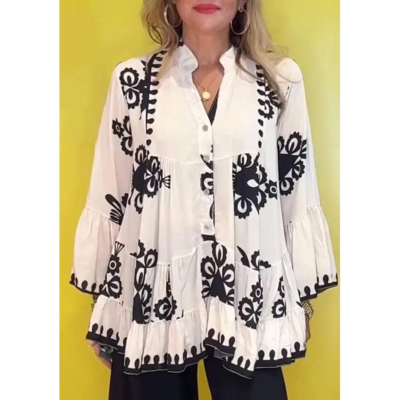 Women's Shirt Blouse Graphic Bohemia Casual Long Sleeve High Neck Regular Tops Daily Ruffle Buttons Print Black White Summer Spring