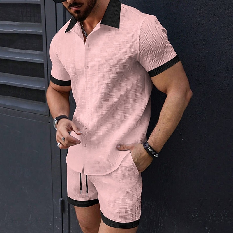 Men's T-shirt Suits 2 Pieces Outfits Tee & Shorts Short Sleeve Lapel Summer Plain Fashion Casual Patchwork 2 Piece Jacquard Vacation Daily Wear Going out Black White Pink Top Tee for Men