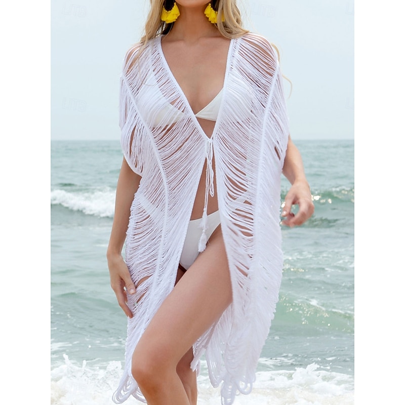 Women's Swimwear Cover Up Swimsuit Vacation Beach Wear Solid Color V Neck Short Sleeves Bathing Suits