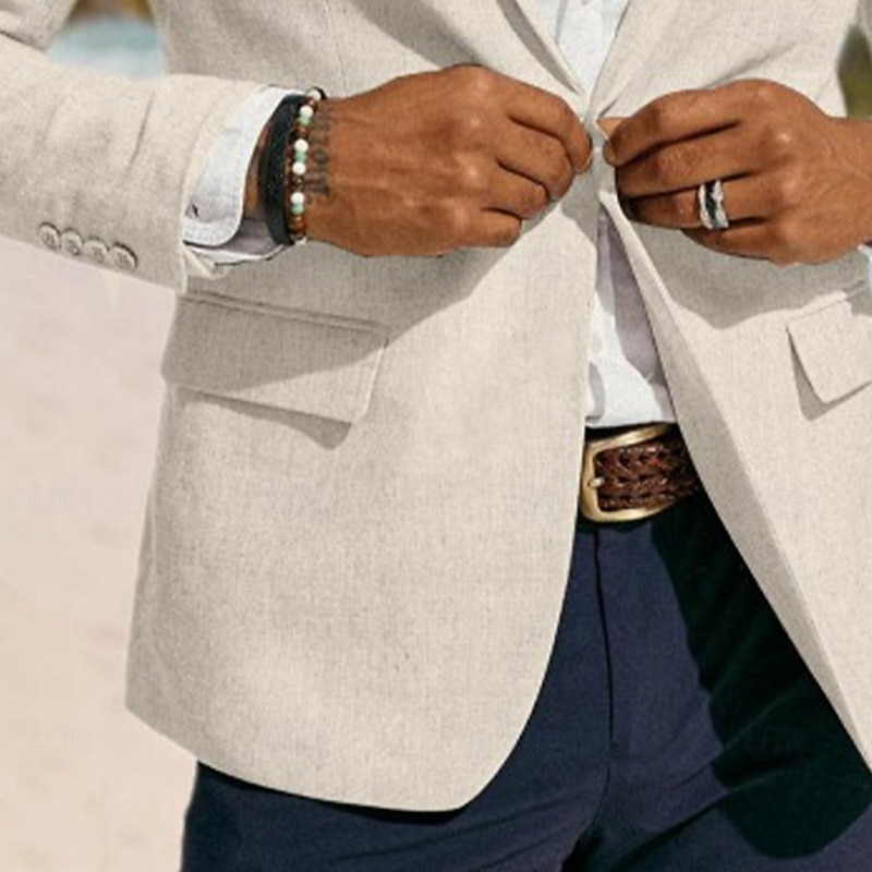 Men's Blazer Jacket Linen Blazer Notch Collar Fashion Casual Solid Colored Blazer Dusty Blue Light Grey Dark Blue Tailored Fit Single Breasted One-button3