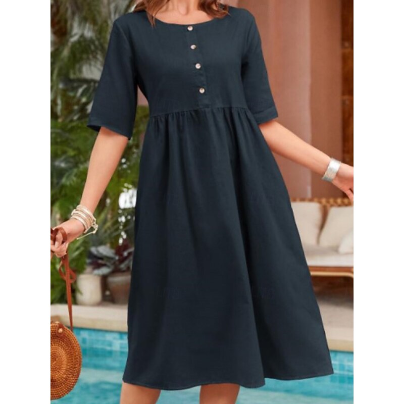 Women's Long Dress Maxi Dress Cotton Linen Dresses Casual Dress Basic Casual Vacation Daily Regular Fit Plain Short Sleeve Crew Neck Navy Blue Green Khaki Summer4