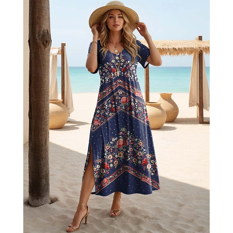 Women's Maxi Dress T Shirt Dress Tee Dress Sundress Shift Dress Bohemia Ethnic Vacation Birthday Holiday Regular Fit Vintage Short Sleeve Crew Neck Red Blue Green Dark Blue