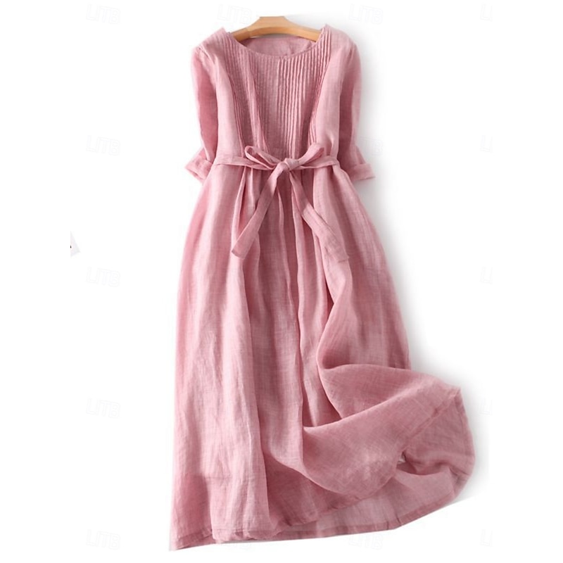 Women's Maxi Dress Cotton Linen Dresses Casual Dress Swing Dress Cotton Maxi Dress Basic Casual Vacation Daily Regular Fit Plain 3/4 Length Sleeve Crew Neck Yellow Pink Summer