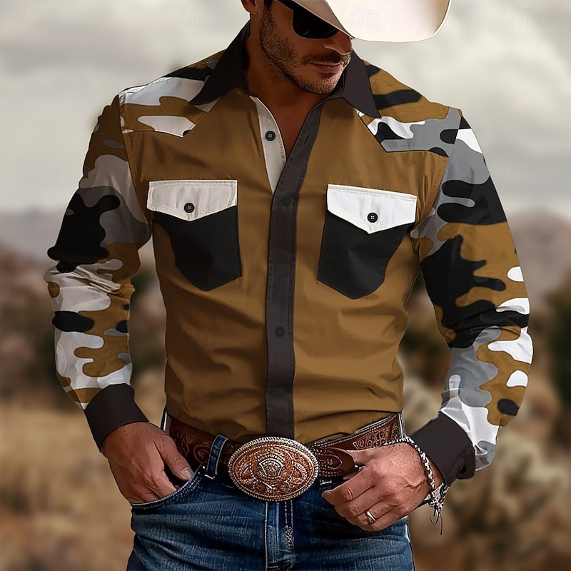 Men's Marble Western Shirt Long Sleeve Western Sports Outdoor Spring Fall Turndown Button Up 2 Pockets Red Blue Brown Green3