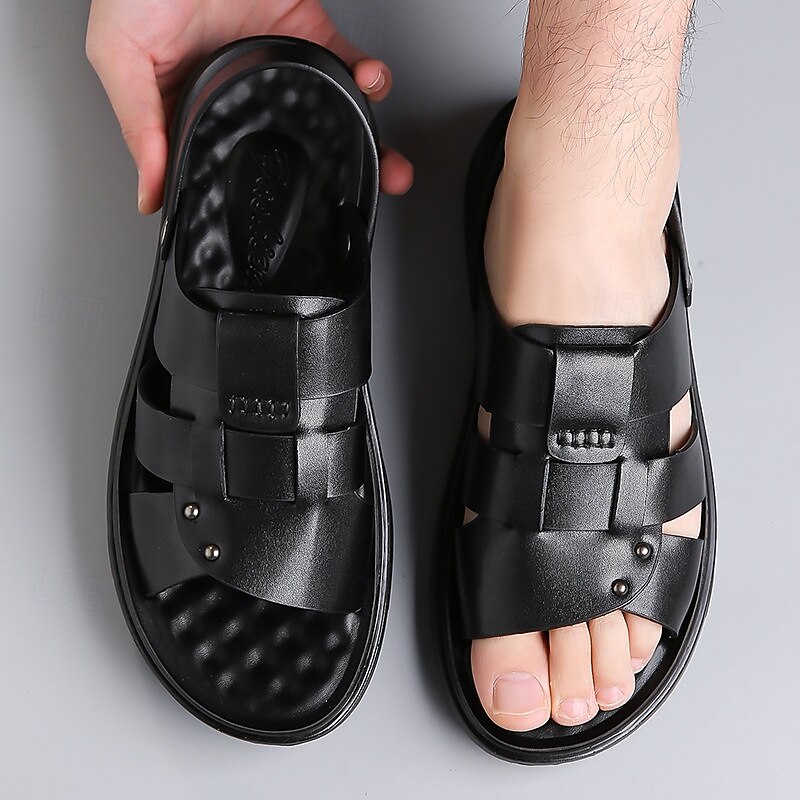 Men's Black Faux Leather Sandals - Open-Toe Summer Footwear with Cross-Strap Design and Comfortable Sole for Casual Outdoor Wear4