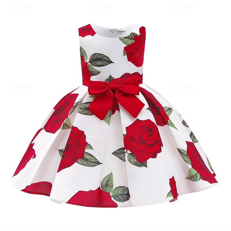 Kids Girls' Party Dress Floral Sleeveless Performance Birthday Tie Knot Beautiful Sweet Polyester Knee-length Party Dress Swing Dress A Line Dress Summer 4 years+ Black White - Main Image