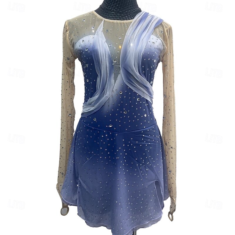 Figure Skating Dress Women's Girls' Ice Skating Dress Purple Patchwork Thumbhole Mesh Spandex Stretchy Training Practice Professional Skating Wear Crystal / Rhinestone Long Sleeve Figure Skating
