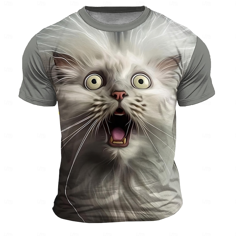 Men's Cat Funny T Shirt Short Sleeve T shirt 3D Print Crew Neck Shirt Exaggerated Designer Party Holiday Gray Summer Spring Clothing Apparel S M L XL XXL XXXL