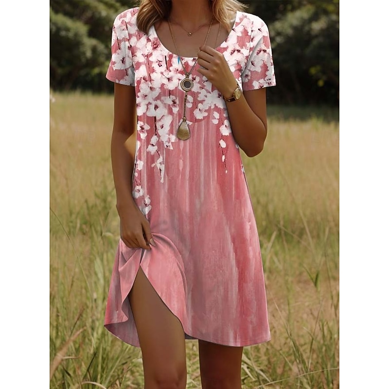 Women's Mini Dress Casual Dress Petite Dress T Shirt Dress Tee Dress Sundress Casual Vacation Casual Daily Regular Fit Floral Short Sleeve Crew Neck Pink Green Summer4