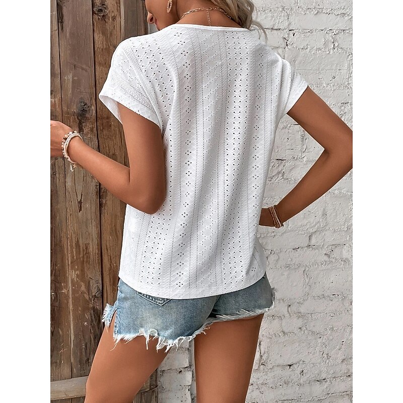 Women's White Elegant Lace Tops Eyelet Blouse Basic Casual Plain Regular Tops Short Sleeve V Neck Lace Patchwork Regular Fit Daily Weekend Romantic Petite Tops Summer Holiday Wear White Pink Summer2