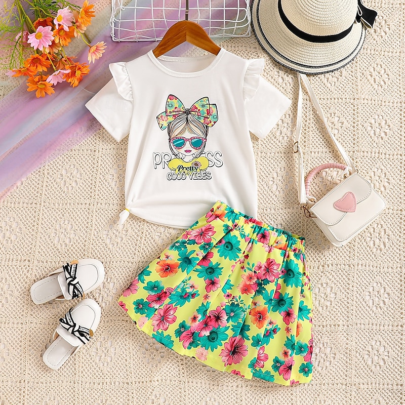 2 Pieces Toddler Girls' Graphic Crewneck Skirt & Shirt Set Short Sleeve Fashion School 4-7 Years Summer White